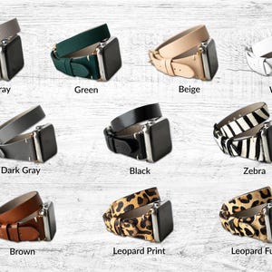 May include: A set of 10 different Apple Watch bands, including leather, zebra print, leopard print, and solid colors like black, white, beige, brown, dark gray, light gray, and green.