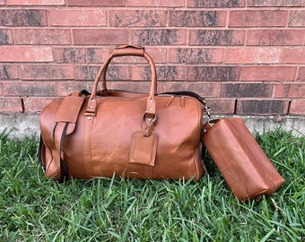 Leather Duffle Bag Set, Toiletry Dopp Kit, Personalized Luggage Tag