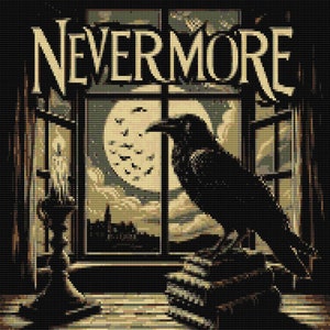 May include: A pixelated illustration featuring the word "NEVERMORE" above a window scene. A black raven perches on books, silhouetted against a full moon and a candle. The artwork evokes a gothic or literary theme.