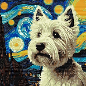 May include: A mosaic-style image of a white West Highland Terrier dog set against a backdrop inspired by Van Gogh's "Starry Night." The background features swirling blue, yellow, and orange colours, with a village scene at the bottom.