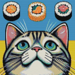 Könnte beinhalten: Pixel-Art-Illustration einer Katze und Sushi. Die Katze hat blaue Augen und ein gestreiftes Fell. Drei Sushi-Rollen befinden sich über der Katze vor einem blauen Hintergrund mit gelben Details.