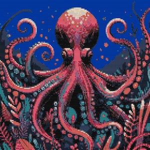 May include: A vibrant pink octopus with eight tentacles, surrounded by colorful coral and seaweed, against a deep blue background.