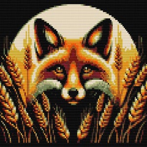May include: A red fox with a white chest and a black nose peeks out from behind a field of wheat. The fox's eyes are closed and it has a relaxed expression. The wheat is a golden yellow color and the background is black.