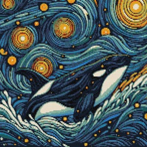 May include: A black and white orca whale jumps through swirling blue and yellow waves, reminiscent of Vincent van Gogh's Starry Night.