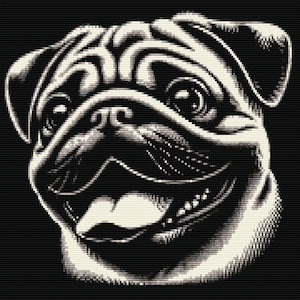 Può includere: Illustrazione in bianco e nero di un carlino con un'espressione felice. Il viso del cane è in primo piano e l'immagine è in stile pixelato.