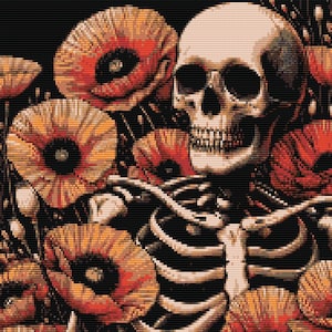 May include: A human skull surrounded by red and orange poppy flowers. The skull is white with black eye sockets and a detailed jawline. The flowers are in various stages of bloom, with some petals falling off.