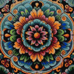 Può includere: Un motivo floreale dettagliato e colorato su sfondo nero. Il design presenta un fiore centrale con petali rosa e un centro arancione, circondato da elementi floreali turchese, arancioni e verdi. Il motivo è intricato e simmetrico.