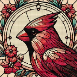 May include: A red cardinal bird with a black eye and beak is depicted in a stained glass style with floral accents. The bird is surrounded by a circular frame with a floral design.