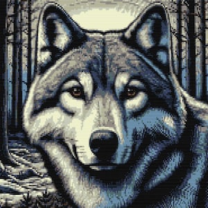 May include: A close-up of a wolf's face, with a blue and gray color scheme. The wolf is looking directly at the viewer with a slight smile. The background is a blurred image of a forest.