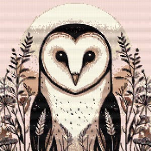 Peut inclure: Illustration numérique d'un hibou des granges blanc aux yeux noirs et au bec brun. Le hibou est entouré de feuillage brun et blanc, et l'arrière-plan est rose pâle.