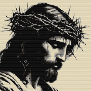 May include: A black and white image of a man wearing a crown of thorns. He has a sorrowful expression and is looking down.