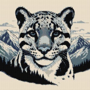 May include: A close-up of a snow leopard's face, with a mountain range in the background. The leopard has a white and gray coat with black spots. The mountains are a light blue color.