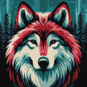 Könnte beinhalten: Eine Nahaufnahme eines Wolfskopfes mit rotem, weißem und blauem Fell. Der Wolf blickt dem Betrachter mit einem ruhigen Ausdruck direkt an. Der Hintergrund ist dunkelblau mit einer Waldszene.