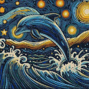 Könnte beinhalten: Zwei blaue Delfine springen aus dem Wasser, ihre Körper vor einem wirbelnden Nachthimmel mit gelben Sternen abgebildet. Das Wasser ist in einem wirbelnden, strukturierten Muster dargestellt, das an Van Goghs Sternennacht erinnert.