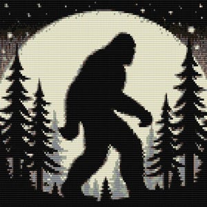 May include: A black silhouette of Bigfoot walking in front of a full moon with stars in the sky. The moon is surrounded by a ring of trees.