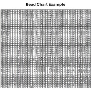 May include: A black and white bead chart with the text "Bead Chart Example" at the top. The chart is divided into a grid of squares, each containing a letter or symbol. The letters and symbols are arranged in a pattern that is likely used for creating a beaded design.