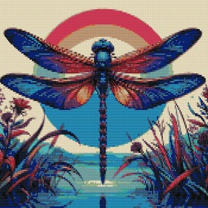 May include: A colourful, pixelated image of a dragonfly with blue and red wings, set against a blue circle and a rainbow. The dragonfly is surrounded by stylized plants in shades of red, blue, and green.