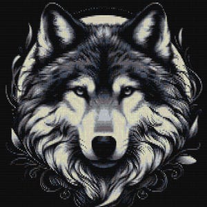 May include: A black and white illustration of a wolf's head with a detailed design. The wolf's eyes are piercing and the fur is textured.