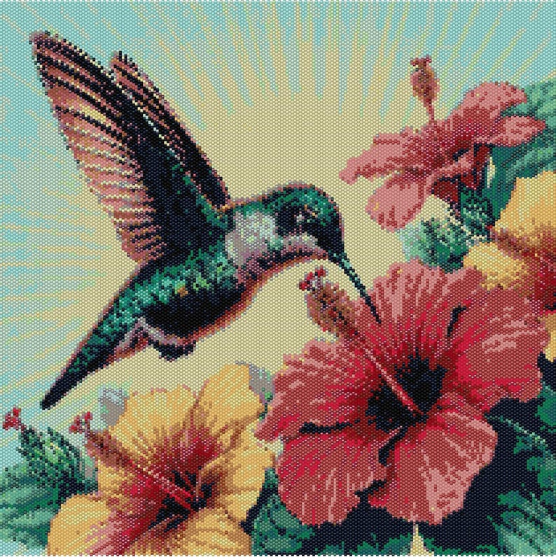 May include: A vibrant hummingbird with iridescent green and blue feathers hovers near a cluster of pink and yellow hibiscus flowers. The background is a soft blue with a sunburst effect.
