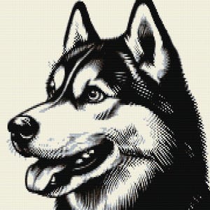 May include: Black and white illustration of a husky dog's head, looking to the right, with its tongue sticking out.