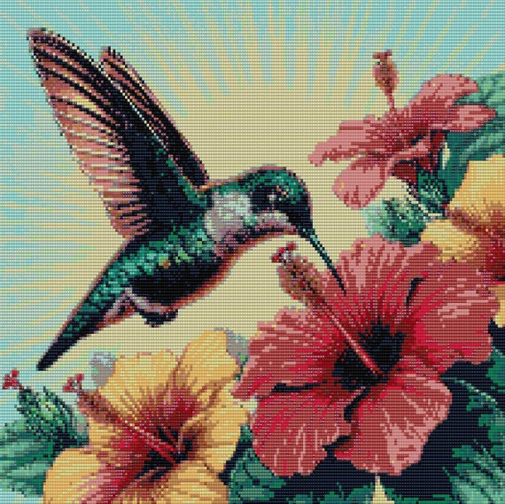 Hummingbird loom & peyote patterns for large bead tapestry using Miyuki 11/0 delicas - bead chart and word chart - digital download PDF