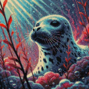 May include: A close-up of a seal's face, with a blue-grey and white spotted pattern, looking up towards a light source. The seal is surrounded by red and blue underwater plants.