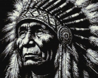 Native Chief monochrome loom & peyote pattern for large bead tapestry - Miyuki 11 delicas - bead chart and word chart - digital download PDF