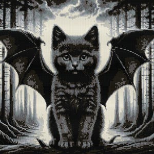 Black kitten with bat wings loom & peyote patterns - bead tapestry using Miyuki 11/0 delica - bead chart + word chart - digital PDF