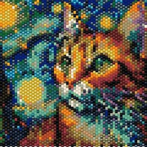 May include: A mosaic art piece depicting a cat's face against a starry night background. The artwork uses a pixelated style with a palette of blues, oranges, yellows, and greens. The cat's eyes are green, and the overall effect is reminiscent of Van Gogh's style.