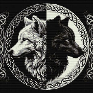 Puede incluir: Imagen en blanco y negro de dos cabezas de lobo mirando en direcciones opuestas, sobre un fondo negro con un diseño de nudo celta.