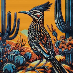 May include: A colorful illustration of a roadrunner bird perched on a cactus in a desert landscape. The bird has black and white stripes and a blue head. The cactus is green and has spines. The background is a warm orange color.