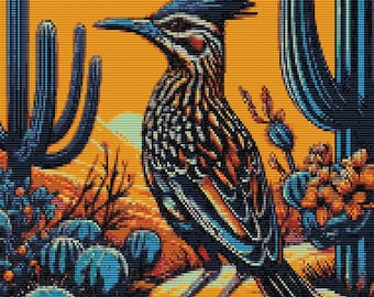 Roadrunner bird in desert loom & peyote patterns for large bead tapestry using Miyuki 11 delicas - bead chart and word chart - digital PDF