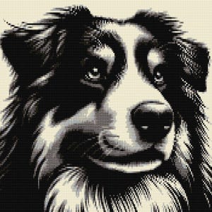 May include: Black and white close-up portrait of a dog with a white patch on its chest. The dog has a black nose and black eyes. The dog is looking to the right.