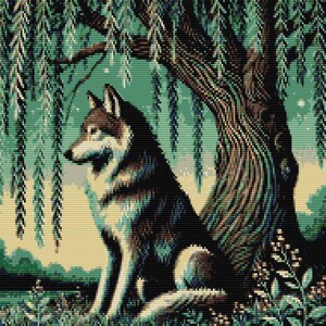 May include: A gray wolf sits under a weeping willow tree with green leaves. The wolf is looking to the left of the image. The background is a light green and blue.