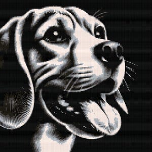 Op de afbeelding: Zwart-witte illustratie van een Beagle-hond met zijn bek open en zijn tong naar buiten. De hond kijkt naar rechts.