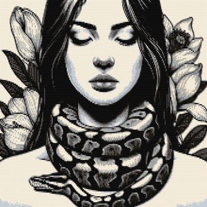 May include: Black and white illustration of a woman with her eyes closed. She is wearing a snake as a scarf. The background is a white floral pattern.