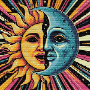 Op de afbeelding: Een kleurrijke illustratie van de zon en de maan met gezichten. De zon is geel en oranje met een brede glimlach. De maan is blauw en groen met een serieuzere uitdrukking. De achtergrond is een draaiend patroon van zwart, wit, roze en geel.