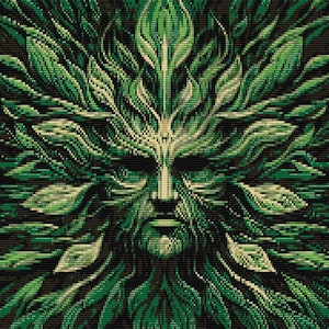 May include: A green and brown abstract illustration of a face with leaves forming the hair and beard. The face is stylized and has a serious expression.