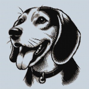 Op de afbeelding: Zwart-witte illustratie van een Beagle-hond met zijn tong naar buiten. De hond draagt een halsband met een tag.