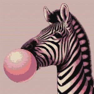 May include: A black and white zebra with a pink bubble gum in its mouth. The zebra's head is turned to the side, and its eye is visible.
