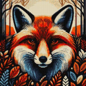 Könnte beinhalten: Nahaufnahme eines roten Fuchses mit blauem und weißem Fell um die Augen und den Mund. Der Fuchs ist von orangefarbenen, roten und grünen Blättern umgeben.