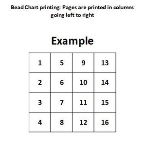 May include: A black and white grid with numbers 1 through 16 in each square. The numbers are arranged in columns, going from left to right. The text "Bead Chart printing: Pages are printed in columns going left to right" and "Example" are above the grid.
