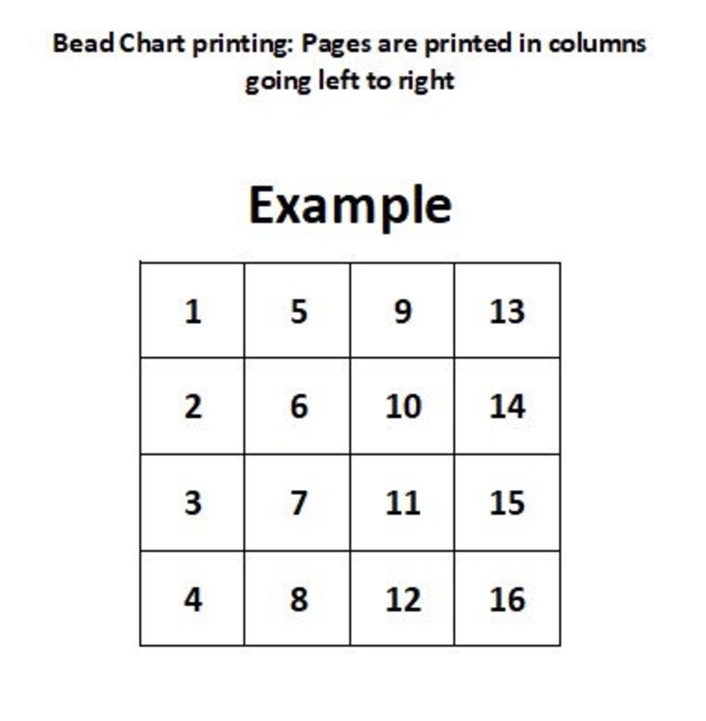 May include: A black and white grid with numbers 1 through 16 in each square. The numbers are arranged in columns, going from left to right. The text "Bead Chart printing: Pages are printed in columns going left to right" and "Example" are above the grid.