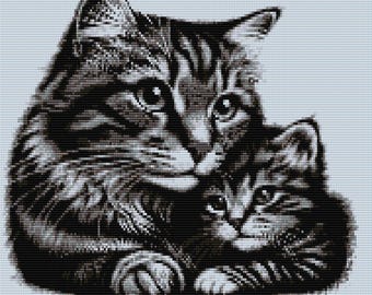Cat and kitten loom & peyote stitch pattern for large bead tapestry using Miyuki 11 delicas - bead chart and word chart - digital PDF