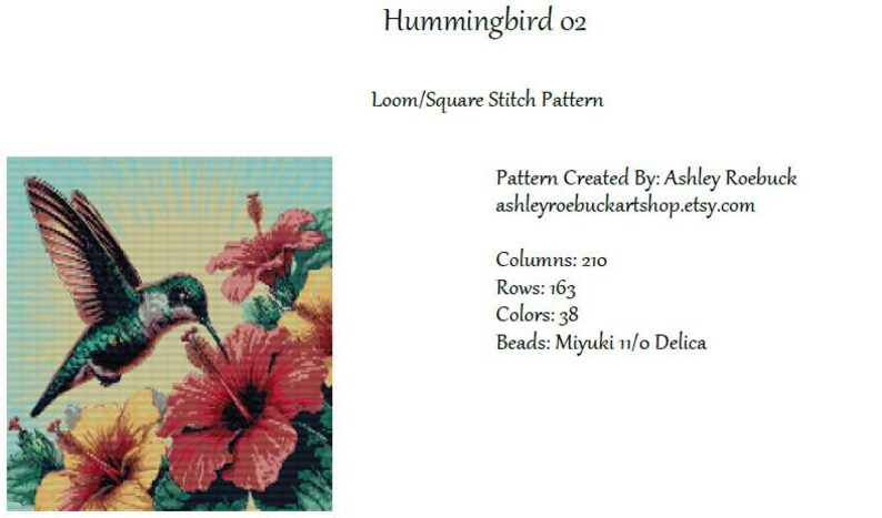 May include: A beading pattern for a hummingbird with pink hibiscus flowers. The pattern is for loom or square stitch and uses Miyuki 11/0 Delica beads. The pattern is 210 columns by 163 rows and uses 38 colors.