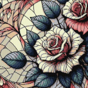 May include: A close-up of a cross-stitch embroidery design featuring a bouquet of white and pink roses with green leaves. The roses are arranged in a circular pattern and the background is a cream color.