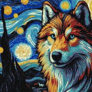 May include: A colourful wolf portrait with a starry night background. The wolf's fur is a mix of red, orange, and brown, with blue eyes. The background is a swirling blue and yellow sky with white stars.