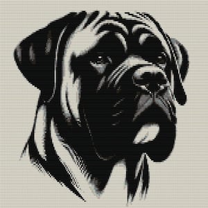 Op de afbeelding: Zwart-witte illustratie van een hond van een groot ras met een korte, gerimpelde snuit. De kop van de hond is naar de zijkant gedraaid en zijn ogen zijn gesloten.