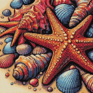 May include: A close-up of a starfish and seashells. The starfish is orange and red with a textured surface. The seashells are a variety of colours, including blue, pink, and white.