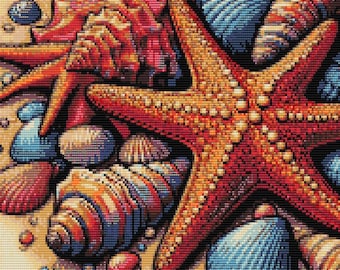 Starfish and seashells loom & peyote stitch patterns - large bead tapestry using Miyuki 11 delicas - bead chart and word chart - digital PDF
